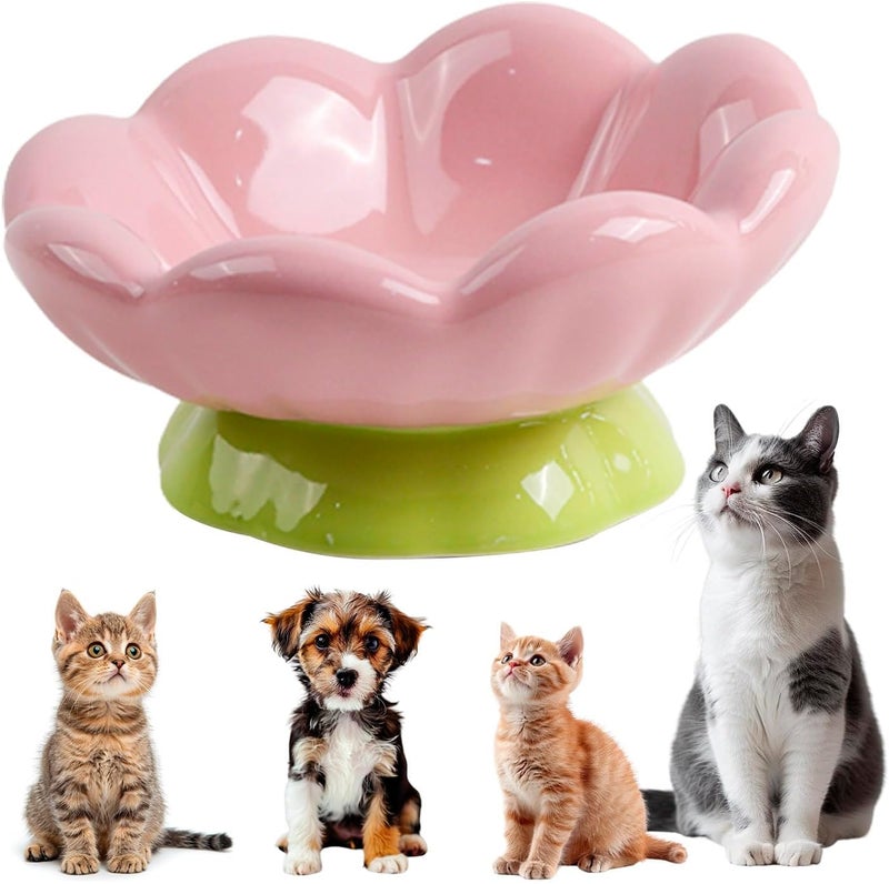 DIF DECO Ceramic Raised Cat Bowl, Pink Elevated Food Bowls for Food and Water Protecting Spine and Whisker Friendly,Tulip Shape Cute Pet Feeder Dish for Indoor Cats and Small Dogs(Height 3.3 inch) - Image 1